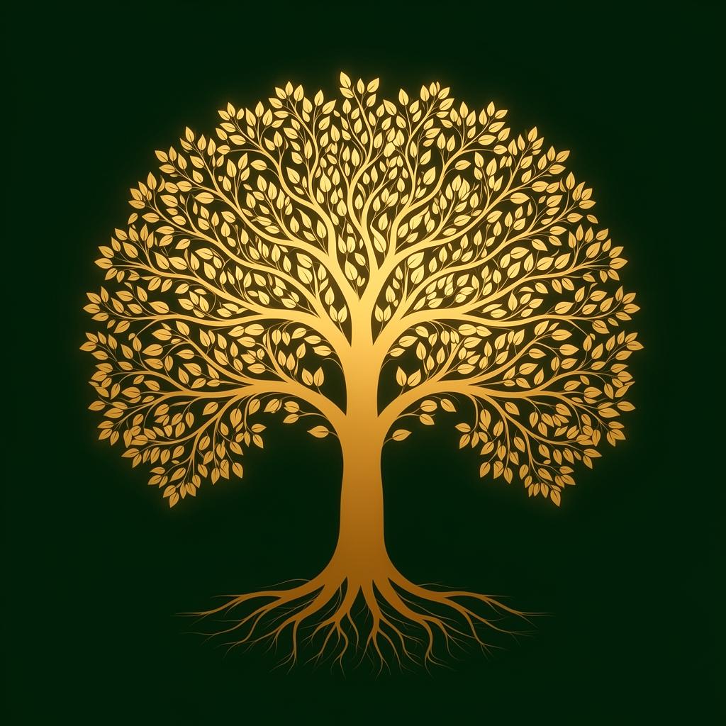 The Baoism tree — roots and branches in gold on deep green, symbol of a rooted, growing practice